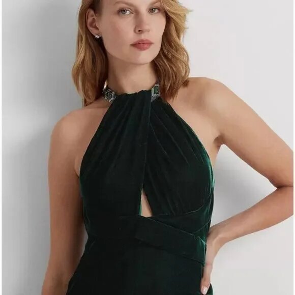 Lauren Ralph Lauren Size 2 Adelbola Green Velvet Beaded Halter Gown Maxi Dress - Picture 4 of 7